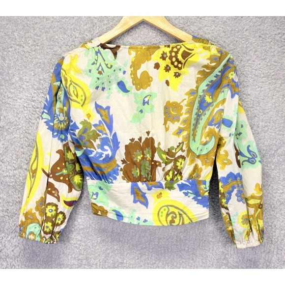 Zara Womens Long Sleeve Twist Front Crop Top Medium Paisley Boho V Neck Fitted - Picture 2 of 11
